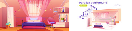 Parallax background girl bedroom on attic for 2d game animation. Cute Interior in pink colors with bed, wardrobe, mirror, curtained window and garlands. Cozy vector mansard for teen separated layersのイラスト素材