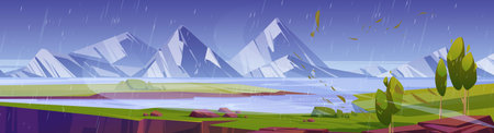 Rainy summer landscape with lake, green fields and mountains. Vector cartoon illustration of nature panorama with river or sea strait with blue water and white rocks on horizon, wet windy dayのイラスト素材