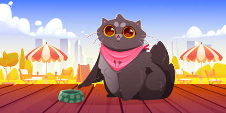 Cat with feed bowl on wooden terrace of restaurant or street cafe. Vector cartoon illustration of cute hungry kitten with empty pet bowl and summer landscape with outdoor cafeのイラスト素材