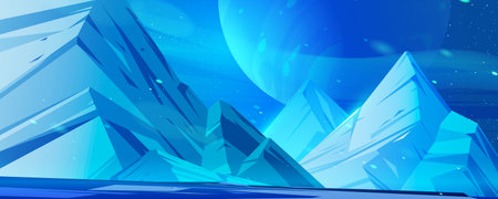 Alien planet landscape, space background with frozen ice rocks under night sky with glowing and shining Moon sphere. Extraterrestrial cosmic pc game backdrop, Cartoon vector illustrationのイラスト素材