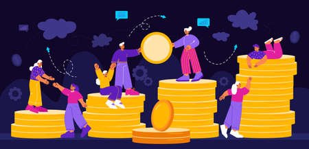 Financial growth, savings, fundraising business concept. Tiny characters team work together, people help each other to climb on coin stacks. Partnership, money growth Linear flat vector illustrationのイラスト素材