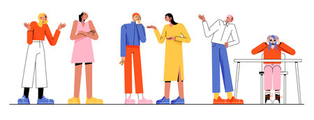 Couples quarrel, angry characters conflict, arguing. Husband and wife or friends scandal, family relations, domestic violence, spousal abuse. People swear and argue, Line art flat vector illustrationのイラスト素材