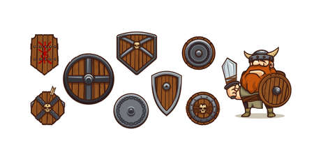 Game character viking and different shields. Norway medieval warrior with helmet and sword. Vector cartoon illustration of strong man barbarian with armor and set of wooden and metal shieldsのイラスト素材