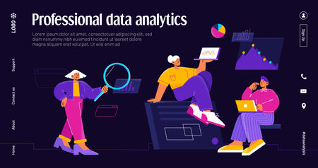 Professional data analytics banner with people team work with graph and analysis reports. Vector...