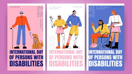 International day of persons with disabilities posters. Vector banners with flat illustration of...