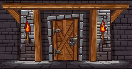 Medieval castle gate at night, palace entry exterior with closed door and burning torches. Fortress tower architecture, fairytale dungeon building facade, stone brick wall, Cartoon vector illustrationのイラスト素材