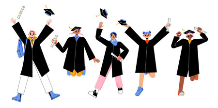 Happy college or university students, graduates jump and throw up graduation caps in air. Vector flat illustration of diverse jumping young people in academic hats and gowns with diploma scrollsのイラスト素材