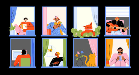 Neighbors and pets in house windows at night. Vector flat illustration of people in apartments work...