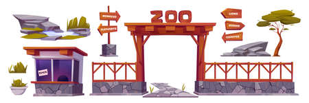 Zoo landscape elements, cartoon vector set, entrance with wooden arch, fence, open cashier booth. Zoological park collection with wood arrows pointers on pole, pond and green grass, stone path, treeのイラスト素材