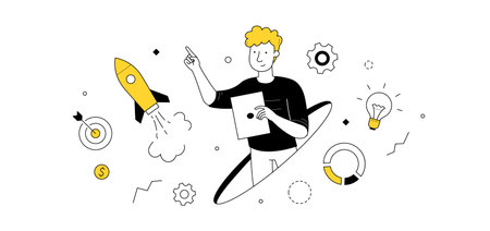 Business startup, project launch, successful idea presentation doodle concept with businessman and...