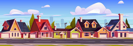 Suburb houses, suburban street with residential cottages and city skyline, countryside two storey buildings with garages. Home facades with green trees and asphalt road. Cartoon vector illustrationのイラスト素材