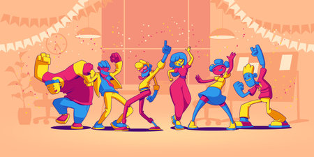 People dance and have fun on office party. Vector illustration in contemporary style with funny employee characters, company team persons celebrating holiday and dancingのイラスト素材