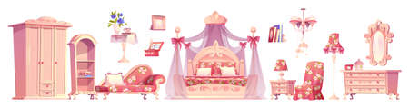 Pink bedroom, princess room furniture. Luxury interior elements, romantic vintage bed with canopy, floor lamp, wardrobe, mirror, table and armchair with chest of drawers, isolated cartoon vector setのイラスト素材