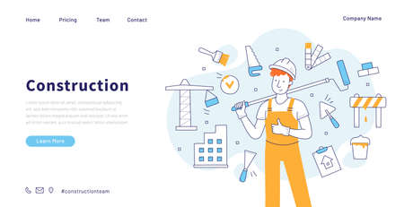 Construction and building doodle landing page. Repair service worker in uniform with roller tool. Builder, repairman, renovation employee or foreman character with equipment, Line art vector bannerのイラスト素材