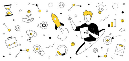 Business startup, project launch, successful idea presentation doodle concept with businessman and flying rocket with infographic icons around. Goal achievement, boost Linear vector illustrationのイラスト素材
