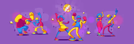 People dance and have fun on disco party. Vector set illustration in contemporary cartoon style with funny male and female characters, happy persons celebrating holiday together and dancing in clubのイラスト素材