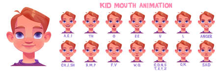 Kid mouth animation with different facial expressions. Little caucasian boy cartoon character lip sync sound pronunciation and phoneme, mouth talk and eyebrow movement chart, Vector illustration set.のイラスト素材