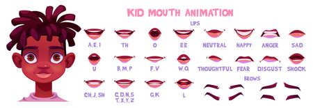 Kid mouth animation with different facial expressions. Little african boy cartoon character lip sync sound pronunciation and phoneme, mouth talk and eyebrow movement chart, Vector illustration set.のイラスト素材