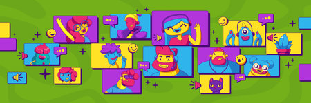 Online video call with friends or team. Vector flat illustration of virtual meeting with men and...