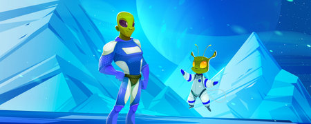Martian alien cartoon character wear superhero costume stand with arm akimbo on extraterrestrial...