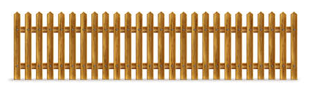 Wooden fence, palisade, stockade or balustrade with pickets. Brown banister or fencing sections with paling. Wood garden border balusters isolated elements, Realistic 3d vector illustrationのイラスト素材