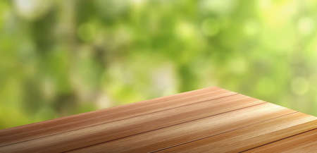 Wooden table corner perspective view on green blurred background. Wooden surface of desk, brown outdoor tabletop angle for products display, presentation, advertising, Realistic 3d vector illustrationのイラスト素材