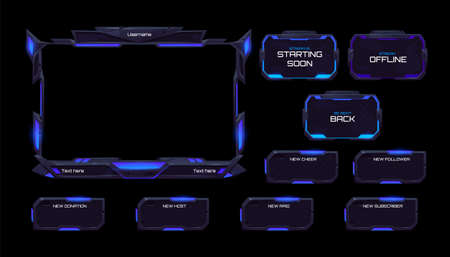 Space stream overlay, mmo game menu, neon ui frame. Streaming screen, gamer username panels and buttons. Template for esport, online live video, digital user interface glow borders, vector setのイラスト素材