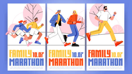 Family marathon ads banners, invitation for parents and children to run sports competition. Father, mother, daughter and son characters healthy lifestyle, outdoor activity Line art flat Vector postersのイラスト素材