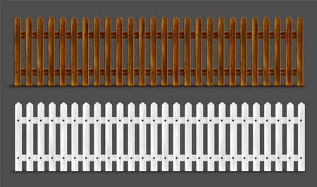 Wooden fence, palisade, stockade or balustrade with pickets. Brown and white banister or fencing sections with paling. Wood garden border balusters isolated elements, Realistic 3d vector illustrationのイラスト素材