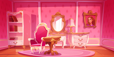 Pink princess room in palace or castle. Vector cartoon illustration of luxury interior with antique furniture in baroque style, dressing table, mirror, chair, bookcase and girl portraitのイラスト素材