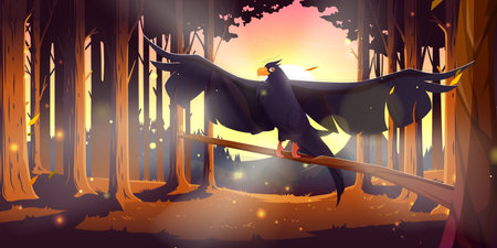 Coniferous forest with black raven on branch at sunset. Vector cartoon illustration of woods landscape with pine trees, flying wild crow, sun in sky and mountains on horizonのイラスト素材