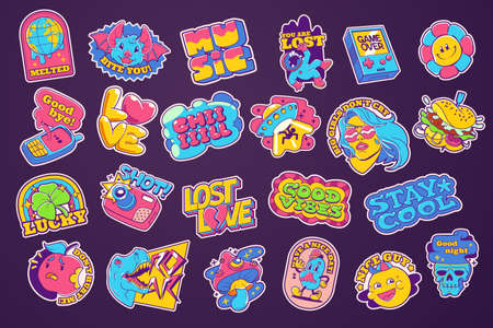Trendy retro stickers and badges ufo, clover, flower, mushroom, heart, camera, dinosaur, astronaut and girl. Contemporary comic patches or badges hamburger, globe, bat, skull, apple Cartoon vector setのイラスト素材
