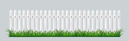 White wooden picket fence with green grass isolated on background. Vector realistic illustration of farm or garden barrier from wood boards on field, meadow or lawnのイラスト素材