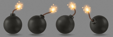 Bombs with burning fuse. Explosive military tnt weapon or firecrackers with sparkling wick. Black balls, equipment with detonator for destroying or terrorism Realistic 3d vector setのイラスト素材