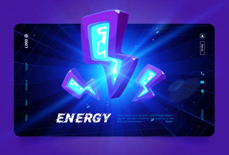 Energy banner with blue neon lightnings, thunder bolts icons. Vector landing page of electric power with cartoon abstract illustration with flash and symbols of electricityのイラスト素材