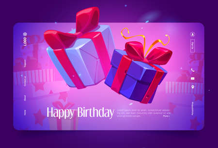 Happy birthday cartoon landing page with wrapped gift boxes, festive promotion with presents for customer, surprise for client, sale or coupon for shopping, party invitation, Vector web bannerのイラスト素材