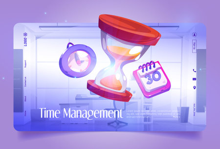 Time management banner with hourglass, calendar and clock icons on background of office interior....