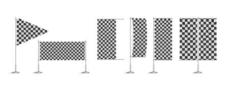 Racing flags, vinyl banners, black and white checkered signboards or billboards on metal poles used in motor sport. Ensigns of rectangular and triangular shapes, Realistic 3d vector illustration, setのイラスト素材