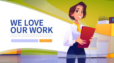 Bank office banner with woman clerk, cashier or credit consultant. Vector landing page of banking service staff with cartoon illustration of financial department with girl worker with documentsのイラスト素材