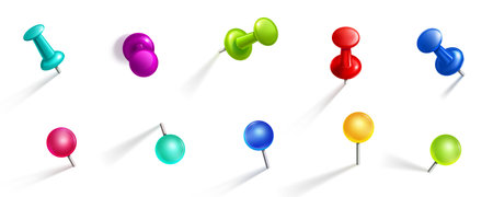 Push pins, color round pushpin and thumbtacks in different positions. Isolated stationery items, plastic paperwork accessories. Collection of needles for notes, schedule board Realistic 3d vector setのイラスト素材