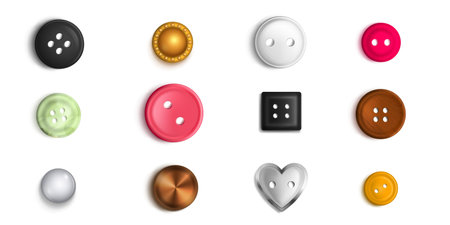Sewing buttons with holes and solid design. Collection of multicolored clasp clothes accessories plastic isolated decorative elements. Clothing craft handmade needlework tools, Realistic 3d vector setのイラスト素材