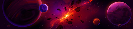 Cartoon red space background with glowing galaxy nebula and flying rocks and planets in dark starry...