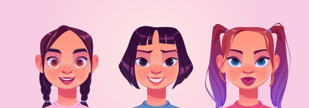 Girl avatars, female teenagers characters faces. Caucasian and asian children with pigtails and short haircut. Pretty schoolgirl portraits for social networks user profiles Cartoon vector illustrationのイラスト素材