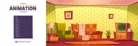 Parallax background old living room with retro furniture and stuff. 2d game animation with separated layers sofa, wooden nightstand, armchair and antique tv, table lamp and rag Cartoon vector templateのイラスト素材