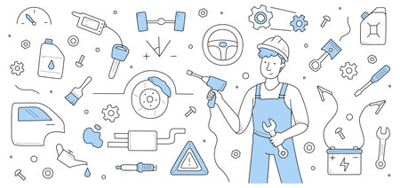Car service doodle concept. Mechanic character dressed in overalls hold drill and wrench, repair...