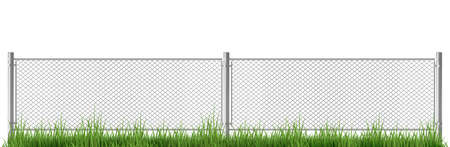 Wire fence with gates on green grass. Metal chain link mesh, barrier isolated on white background. Rabitz, perimeter protection segments separated with poles, Realistic 3d vector illustrationのイラスト素材