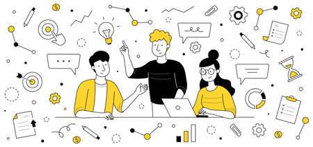 Business people teamwork, meeting doodle concept. Colleagues team develop idea work together thinking creative solution with infographic icons around. Brainstorm in office Line art vector illustrationのイラスト素材