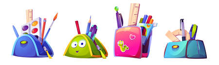 School stationery isolated set. Backpack and pencil case with studying supplies, paints and pen or color pencils, ruler and brush. Back to school concept with student appliances, Cartoon vector iconsのイラスト素材