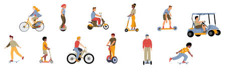 Characters riding electric transport, save ecology concept. People use scooter, hoverboard, monowheel, skateboard, golf cart eco friendly transportation for city dwellers. Line art flat set vectorのイラスト素材