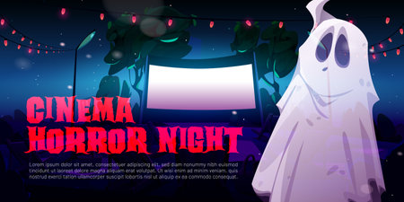 Cinema horror night cartoon banner. Funny ghost at outdoor movie theater with large screen and garlands around. Invitation at film festival with Halloween fantasy spook character, Vector illustrationのイラスト素材